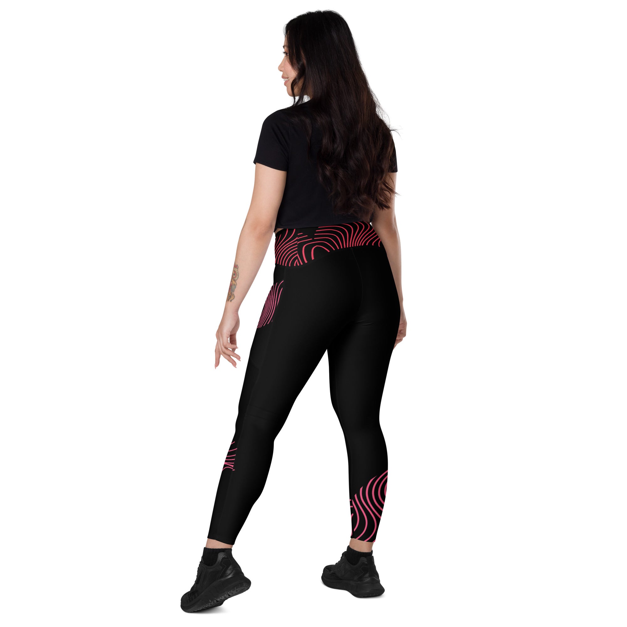 Black crossover leggings with pockets- activewear for gym girls. Fitness or yoga pants. RippleFX by WickedYo.